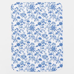 Blue White Vintage Toile Floral Baby Blanket