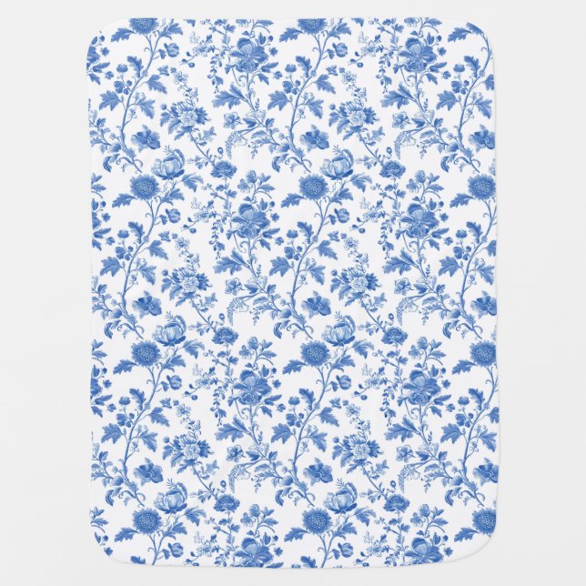 Blue White Vintage Toile Floral  Baby Blanket (Front)