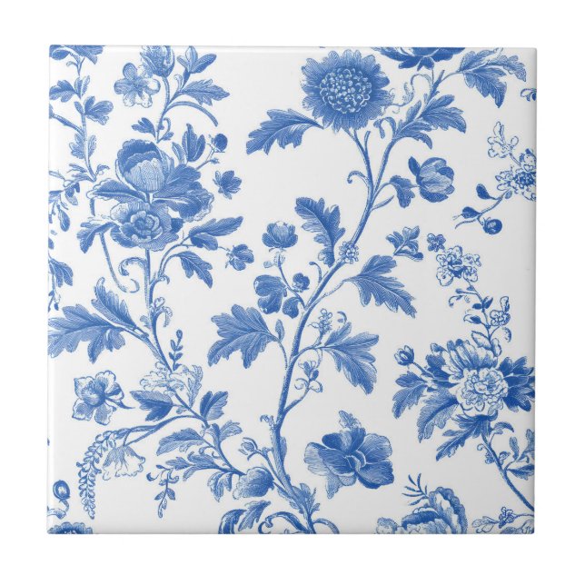 Blue White Vintage Toile Floral Ceramic Tile (Front)