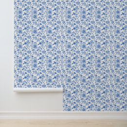Blue White Vintage Toile Floral Wallpaper