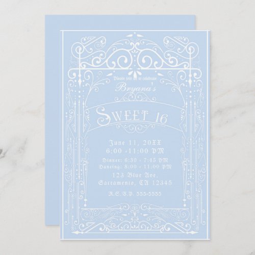 Blue  White Vintage Victorian Deco Sweet 16 Party Invitation