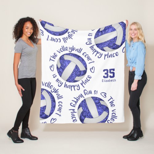 blue white volleyball court happy place typography fleece blanket