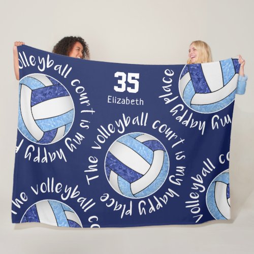 Blue white volleyball court is my happy place fleece blanket