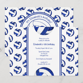 blue white volleyball girl's birthday party invitation