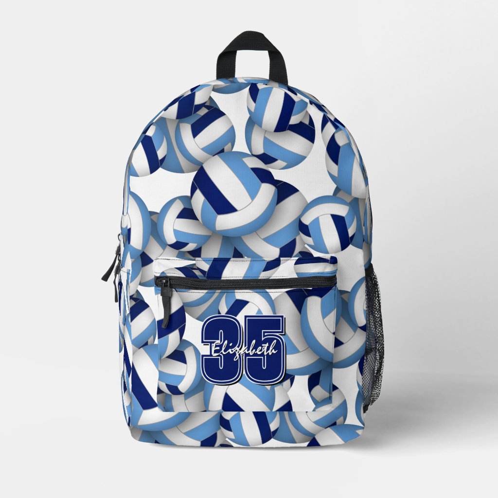 Blue white volleyball pattern w player name number backpack