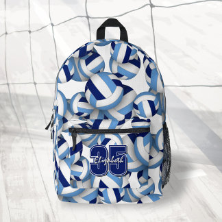 Blue white volleyball pattern w player name number printed backpack