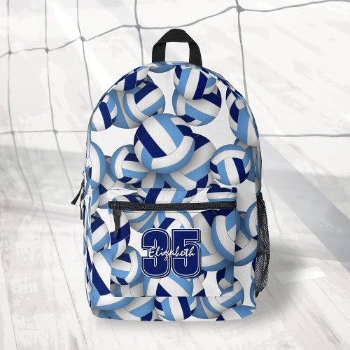 Blue white volleyball pattern w player name number printed backpack