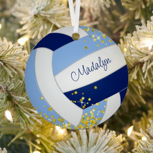 blue white volleyball tiny gold stars accent  metal ornament