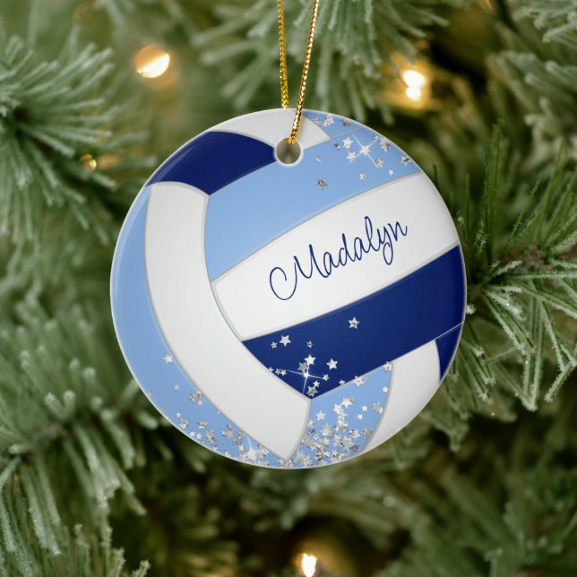 blue white volleyball tiny silver stars accent  ceramic ornament (Tree)