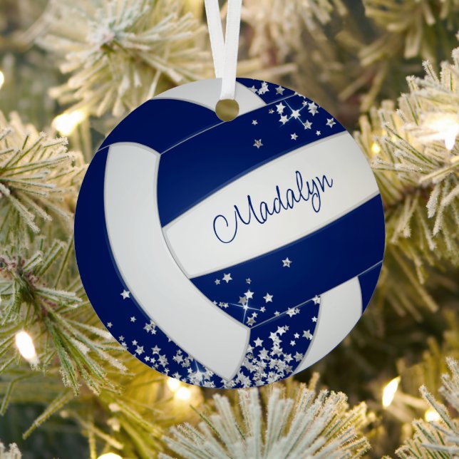 blue white volleyball w silver stars girls sports  metal ornament (Insitu)