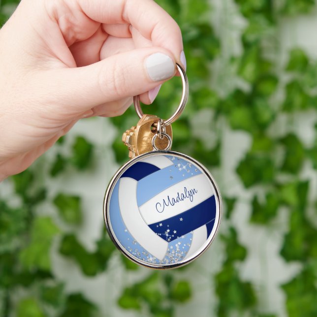 blue white volleyball w tiny silver stars accent  keychain (Hand)