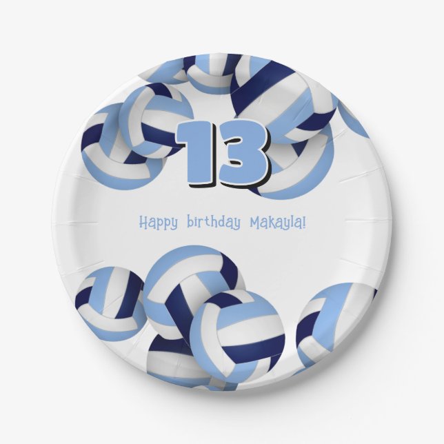 blue white volleyballs kids birthday party paper plates (Front)