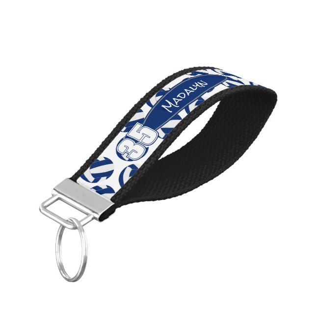 blue white volleyballs pattern athlete name wrist keychain (Angled Down)