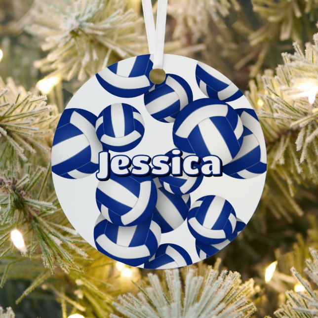 blue white volleyballs with athlete name keepsake metal ornament (Insitu)