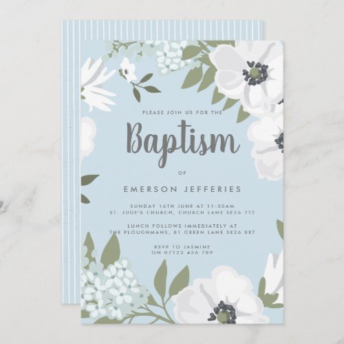  Blue  White Watercolor Anemone Baptism Invitation