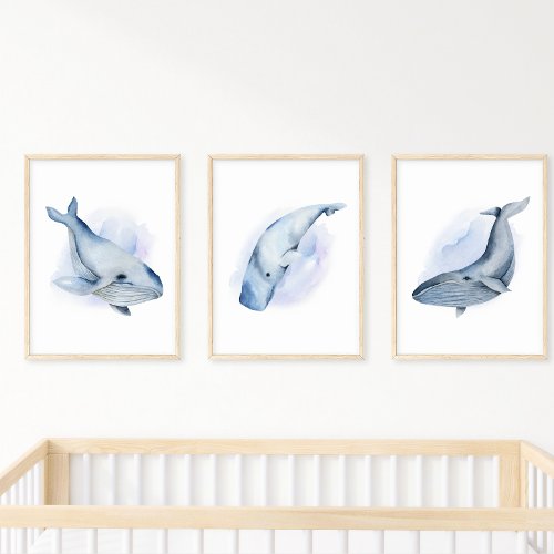 Blue White Watercolor Baleen Humpback Whale Poster