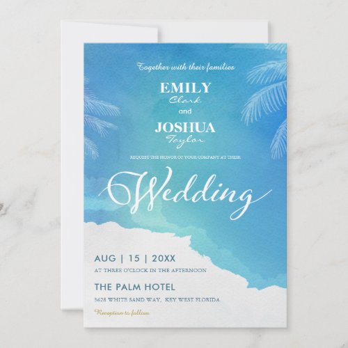 Blue  White Watercolor Beach Wedding Invitation