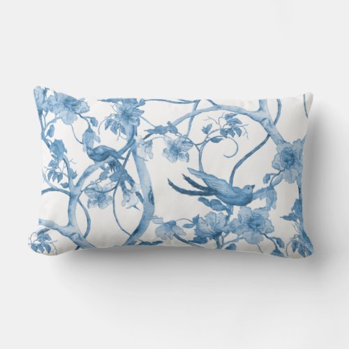 Blue White Watercolor Bird in Tree Floral Vintage Lumbar Pillow