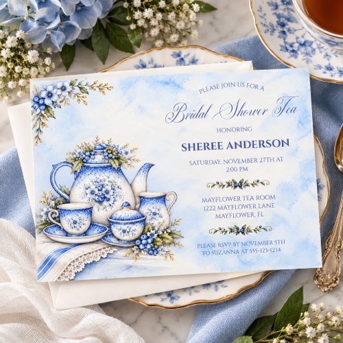 Blue & White Watercolor Bridal Shower Tea Invitation