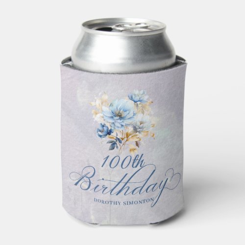 Blue White Watercolor Floral 100th Birthday  Can Cooler