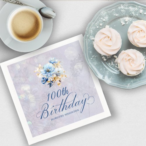 Blue White Watercolor Floral 100th Birthday  Napkins