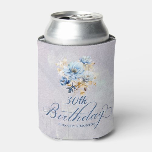 Blue White Watercolor Floral 30th Birthday  Can Cooler