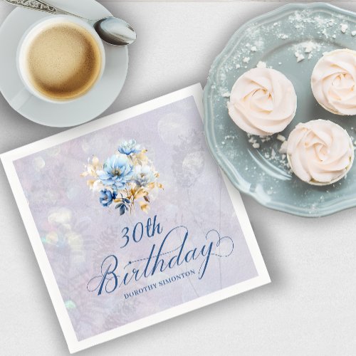 Blue White Watercolor Floral 30th Birthday  Napkins