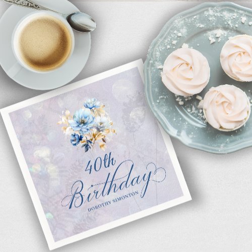 Blue White Watercolor Floral 40th Birthday  Napkins