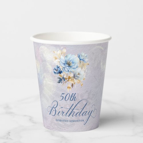 Blue White Watercolor Floral 50th Birthday  Paper Cups