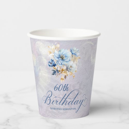 Blue White Watercolor Floral 60th Birthday  Paper Cups