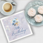 Blue White Watercolor Floral 70th Birthday  Napkins<br><div class="desc">A beautiful bouquet of soft blue and white peonies decorate this birthday party napkin. The birthday description is written in an elegant, traditional calligraphy. The birthday celebrant's name is written in a classic upright font. The background is a soft-bluish gray that contains a barely there botanical pattern and bokeh lights....</div>