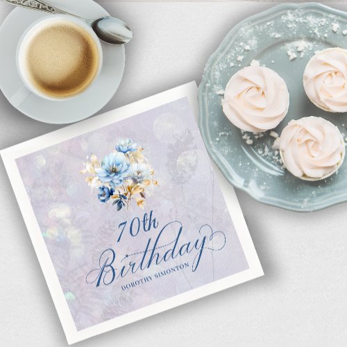 Blue White Watercolor Floral 70th Birthday  Napkins