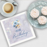Blue White Watercolor Floral 90th Birthday  Napkins<br><div class="desc">A beautiful bouquet of soft blue and white peonies decorate this birthday party napkin. The birthday description is written in an elegant, traditional calligraphy. The birthday celebrant's name is written in a classic upright font. The background is a soft-bluish gray that contains a barely there botanical pattern and bokeh lights....</div>