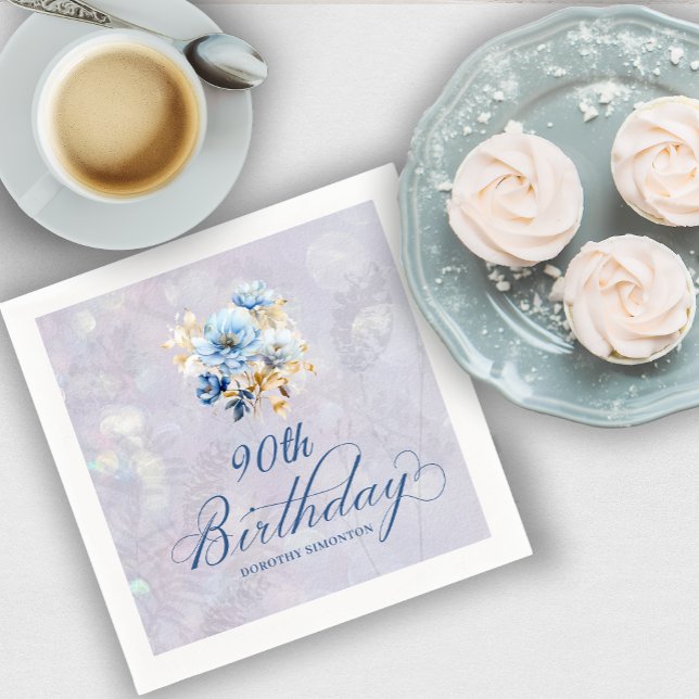 Blue White Watercolor Floral 90th Birthday  Napkins (Creator Uploaded)