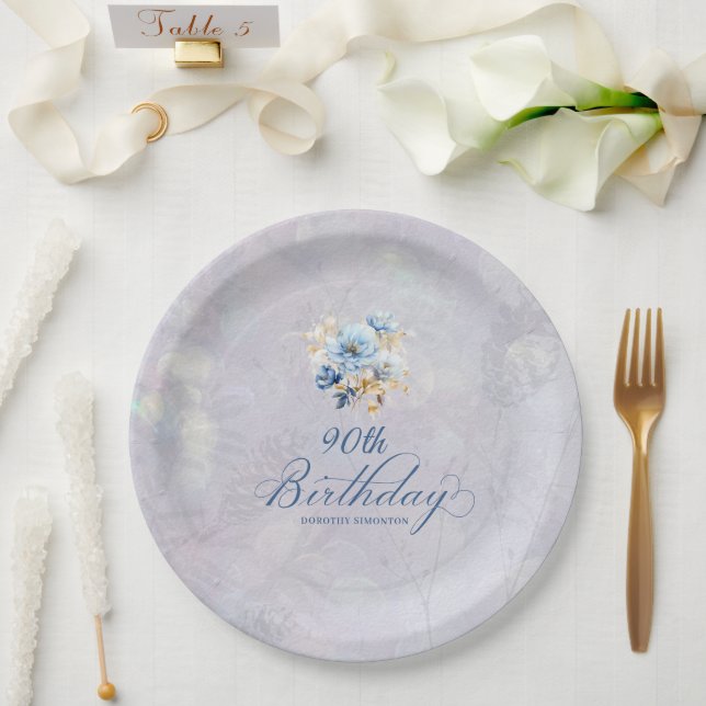 Blue White Watercolor Floral 90th Birthday  Paper Plates (Wedding)
