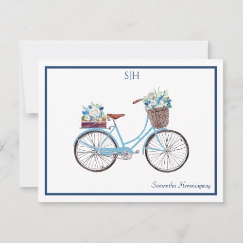 Blue White Watercolor Floral Bicycle Monogram Name Note Card