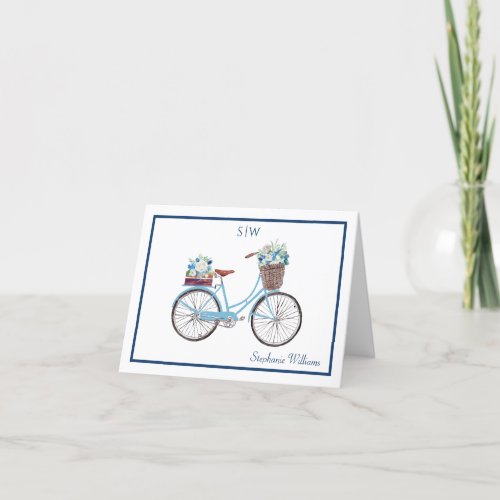 Blue White Watercolor Floral Bicycle Name Monogram Thank You Card
