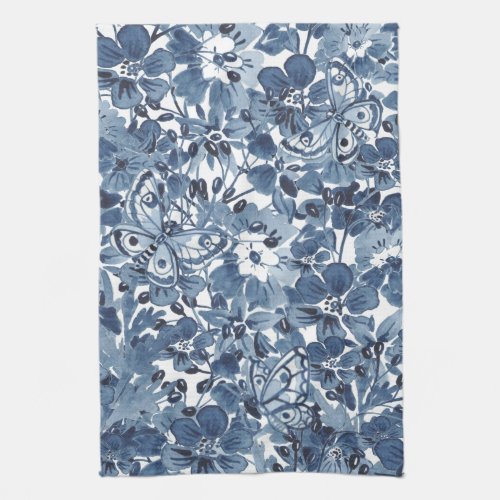 Blue  White Watercolor Floral Butterfly Elegant Kitchen Towel