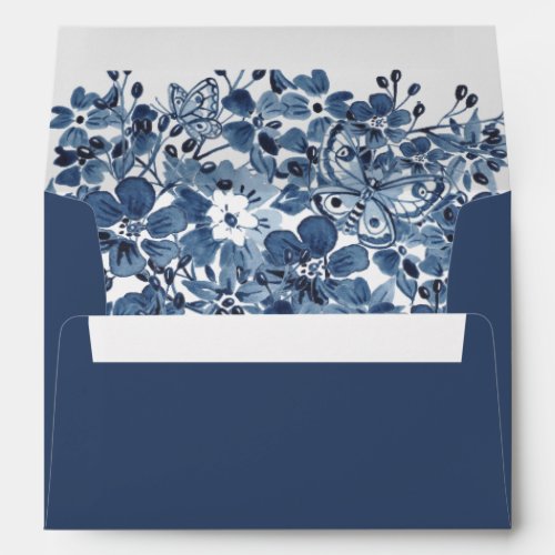 Blue White Watercolor Floral Custom Lined Wedding Envelope