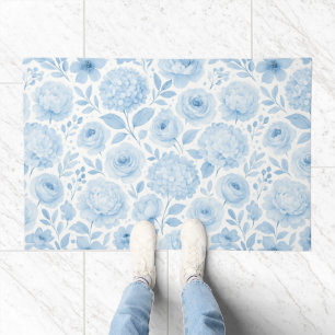 Blue White Watercolor Floral Doormat
