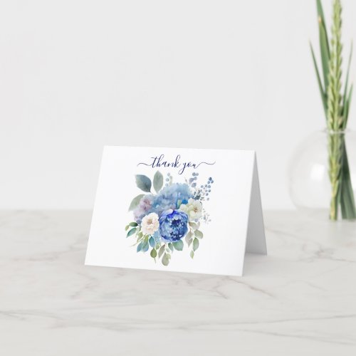 Blue White Watercolor Floral Flowers Greenery  Thank You Card