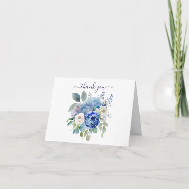 Blue White Watercolor Floral Flowers Greenery Thank You Card | Zazzle