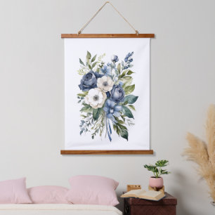 Blue White Watercolor Floral Flowers Home Decor Hanging Tapestry