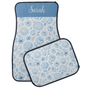 Blue White Watercolor Floral Monogram Name Car Floor Mat
