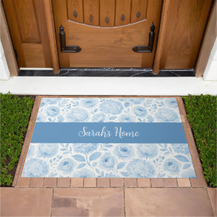 Blue White Watercolor Floral Monogram Name Doormat