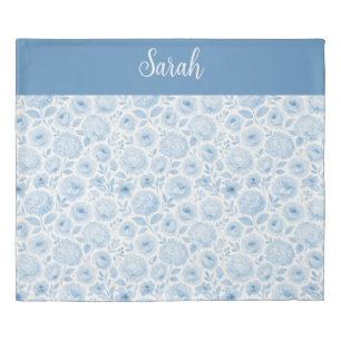 Blue White Watercolor Floral Monogram Name Duvet Cover