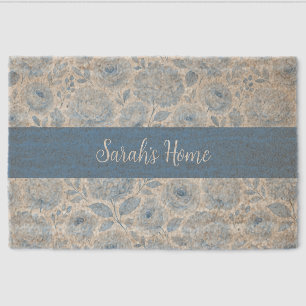 Blue White Watercolor Floral Monogram Name Fiber Doormat