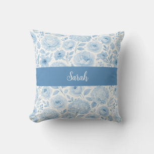 Blue White Watercolor Floral Monogram Name Throw Pillow