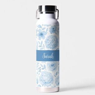 Blue White Watercolor Floral Monogram Name Water Bottle