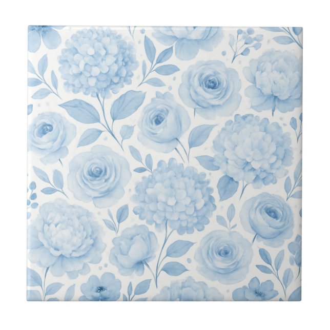 Blue White Watercolor Floral Pattern Ceramic Tile (Front)
